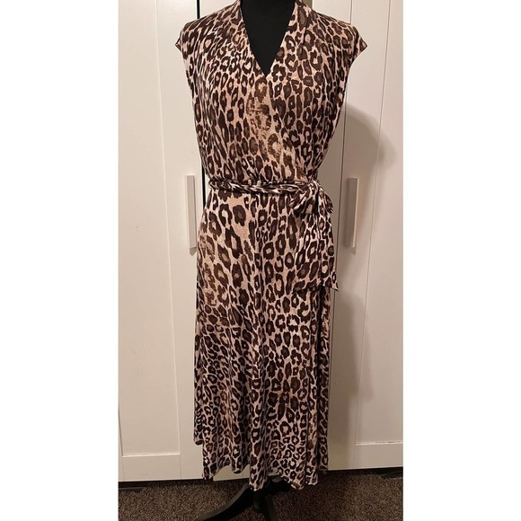 London Times Dresses & Skirts - LONDON Times Faux Wrap Dress Womens Size 8 Brown Leopard Animal Print NWT